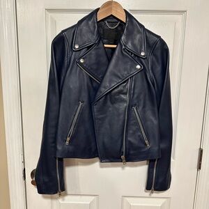 J. Crew Navy Leather Jacket with Silver Accents